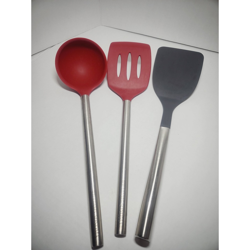 Williams Sonoma Silicone Utensil Set Red Grey Stainless Steel Ladle Spatula 3pc